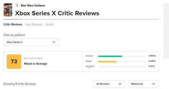 《星球大战：亡命之徒》媒体评分解禁：PC版74分稳扎稳打，XSX版紧随其后