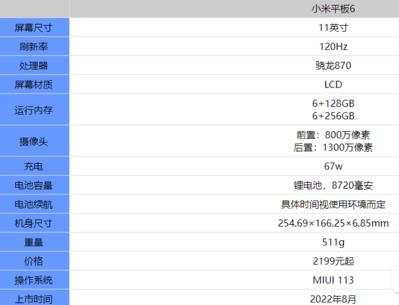 小米平板6参数配置怎么样